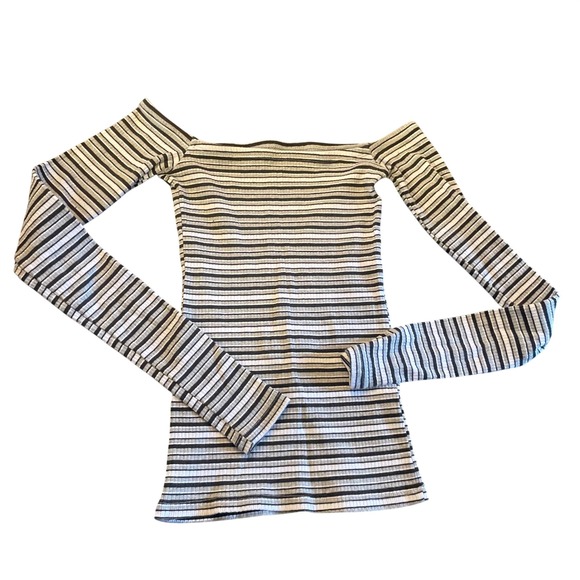 Hollister Tops - Hollister Slim Tee Off The Shoulder Striped Ribbed Long Sleeve Top XS Black Grey